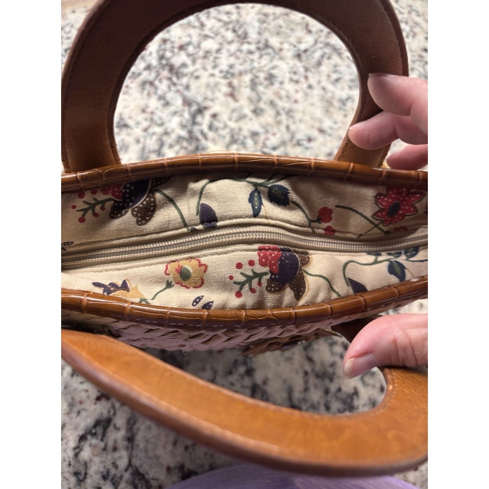 Vtg Y2K Elka Woven Straw Floral Satchel Purse Croc Leather Handle Boho Handbag - Picture 10 of 13